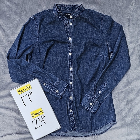 J. CREW | 100% COTTON DENIM RUFFLE NECK BUTTON DOWN BOYFRIEND SHIRT - Picture 16 of 16